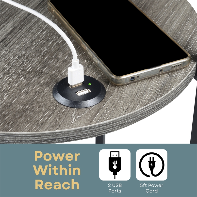 Designs2Go Simon Three-Tier End Table with USB Ports in Gray Wood Finish