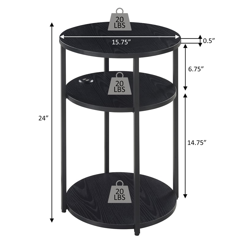 Designs2Go Simon Three-Tier End Table with USB Ports in Gray Wood Finish