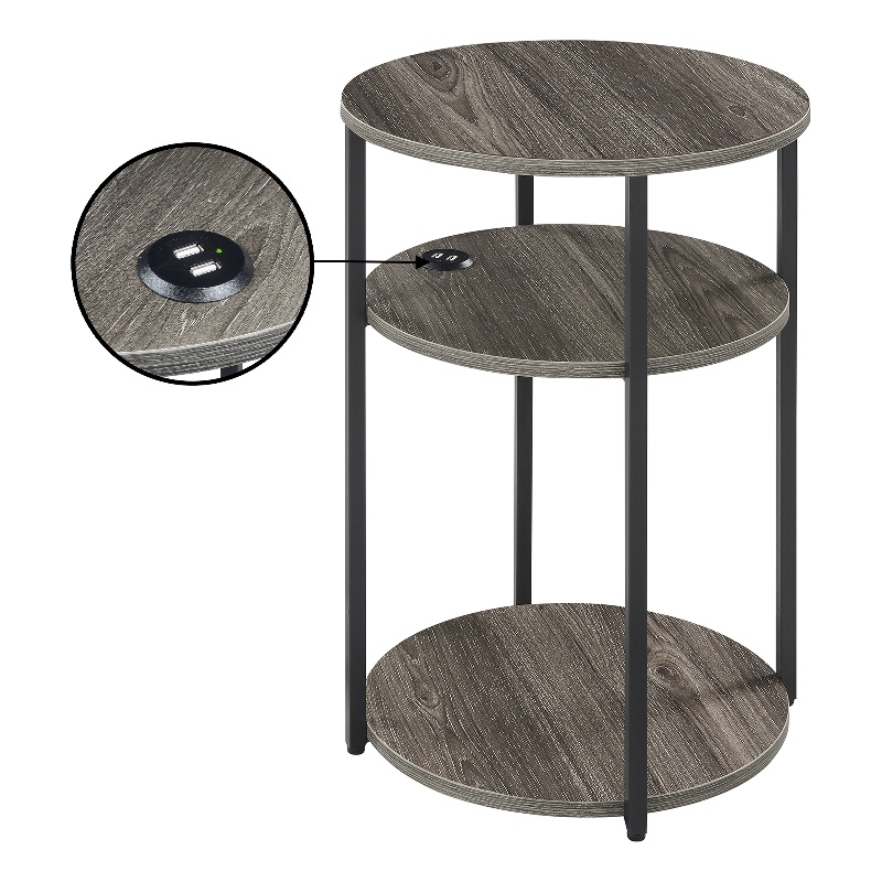 Designs2Go Simon Three-Tier End Table with USB Ports in Gray Wood Finish