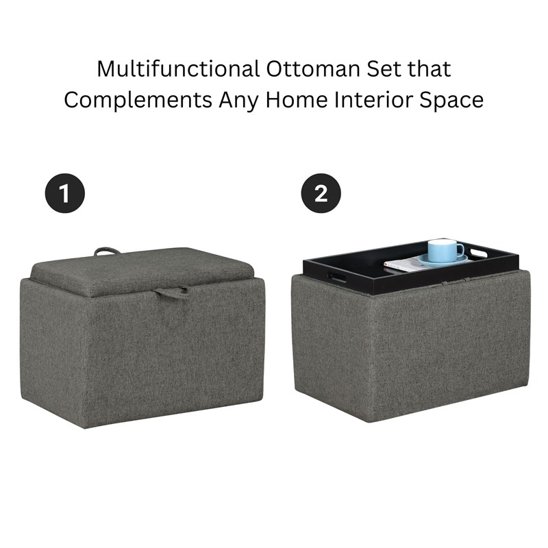 Designs4Comfort Accent Storage Ottoman with Reversible Tray in Gray Fabric