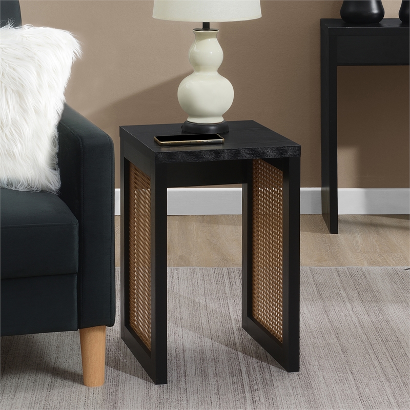 Northfield Weave End Table in Black Wood Finish with Beige Sides