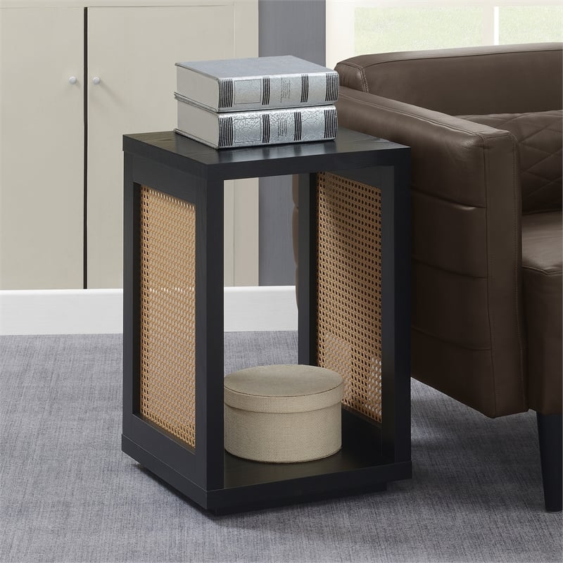 Northfield Admiral Weave End Table w/Shelf in Black Wood Finish and Beige Sides