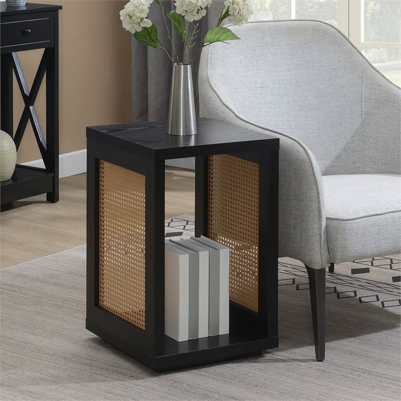 Northfield Admiral Weave End Table w/Shelf in Black Wood Finish and Beige Sides