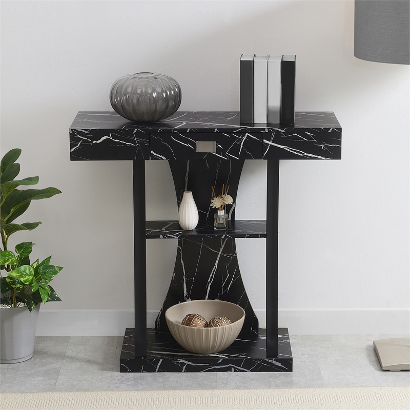 Newport One-Drawer Harri Console Table with Shelves in Black Faux Marble Wood