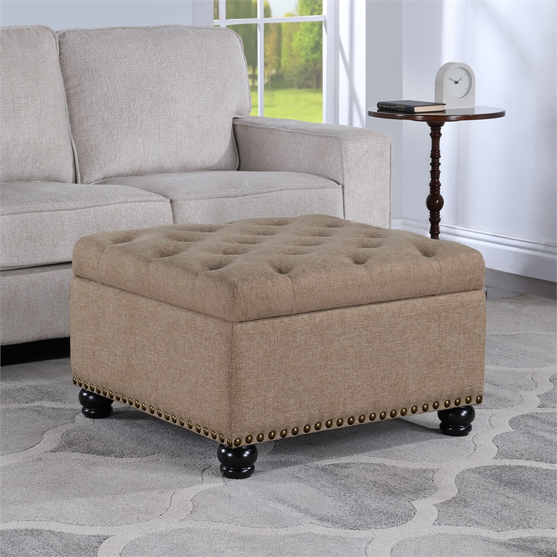 Designs4Comfort Herald Square Ottoman Coffee Table with Storage in Beige Fabric