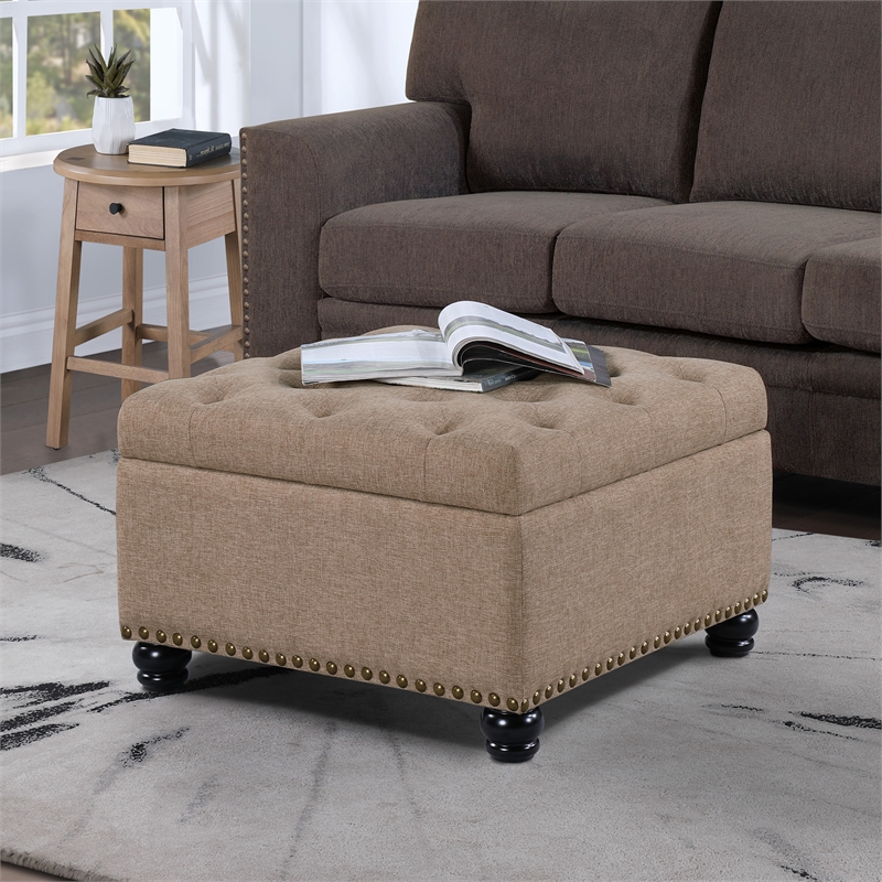 Designs4Comfort Herald Square Ottoman Coffee Table with Storage in Beige Fabric