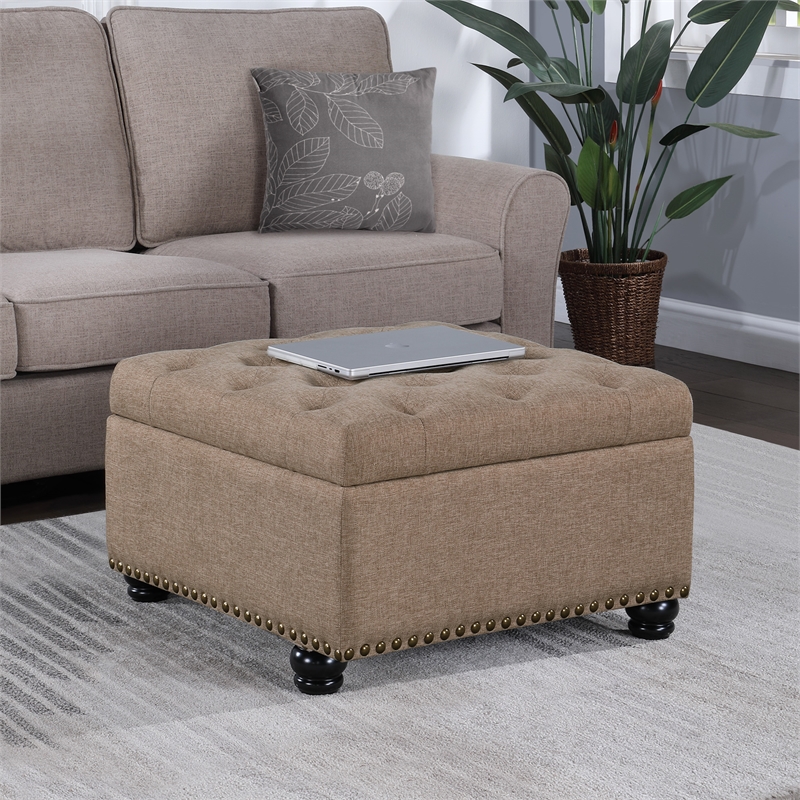 Designs4Comfort Herald Square Ottoman Coffee Table with Storage in Beige Fabric