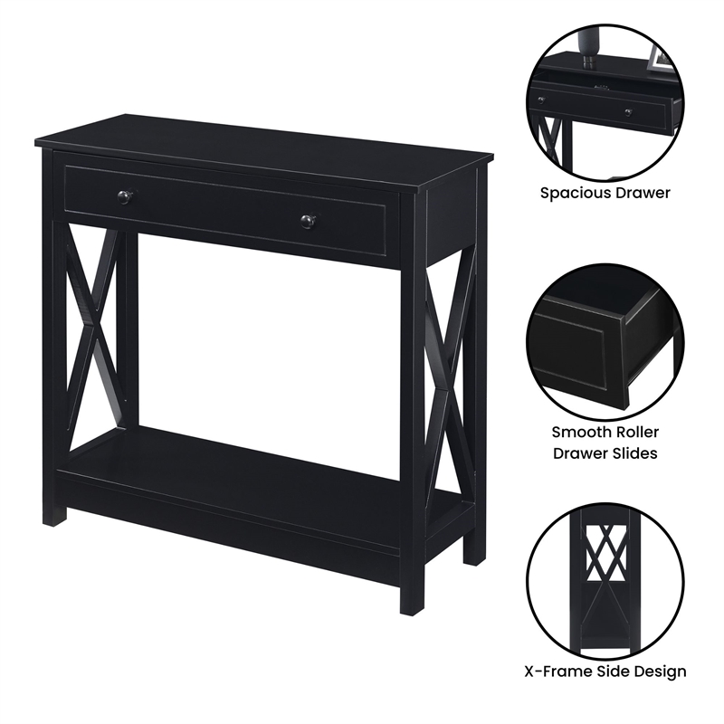 Oxford One-Drawer Entryway Hall Table with Shelf in Black Wood Finish