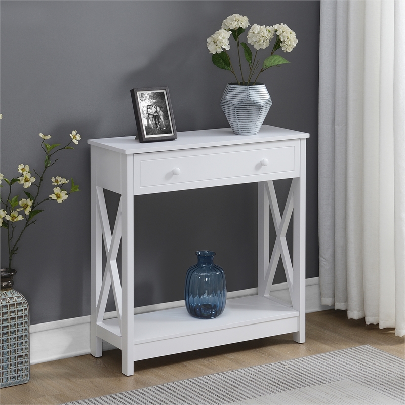Oxford One-Drawer Entryway Hall Table with Shelf in White Wood Finish