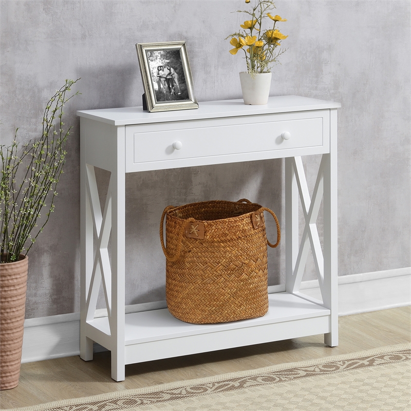 Oxford One-Drawer Entryway Hall Table with Shelf in White Wood Finish