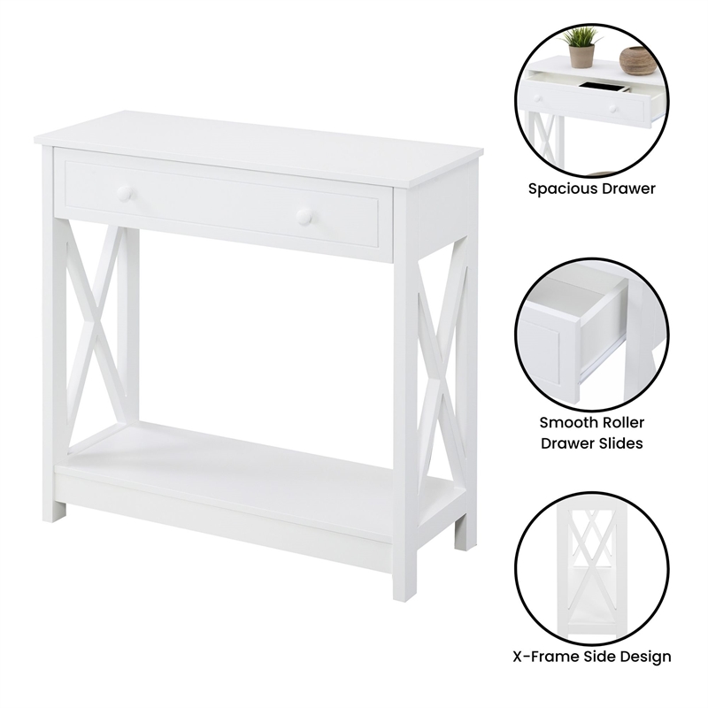 Oxford One-Drawer Entryway Hall Table with Shelf in White Wood Finish
