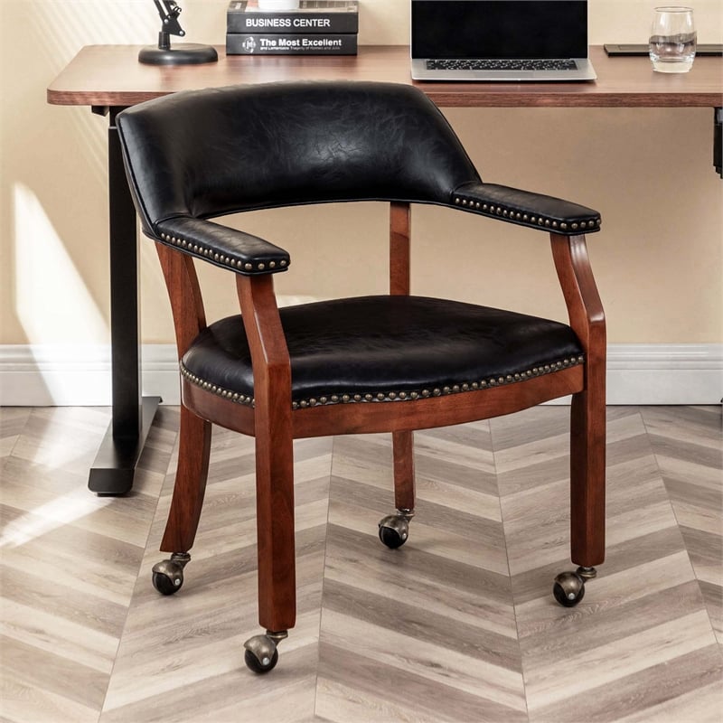 Take a Seat Dillon Armchair with Wheels in Black Faux Leather Fabric