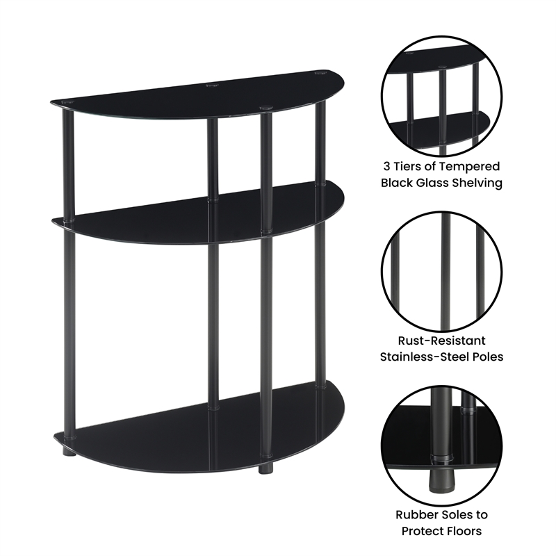 Designs2Go Classic Three-Tier Half-Circle Entryway Hall Table in Black Glass
