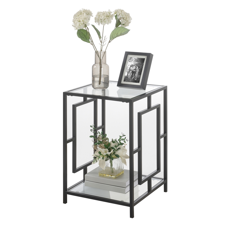 Convenience Concepts Town Square Black Metal End Table with Glass Shelf and Top
