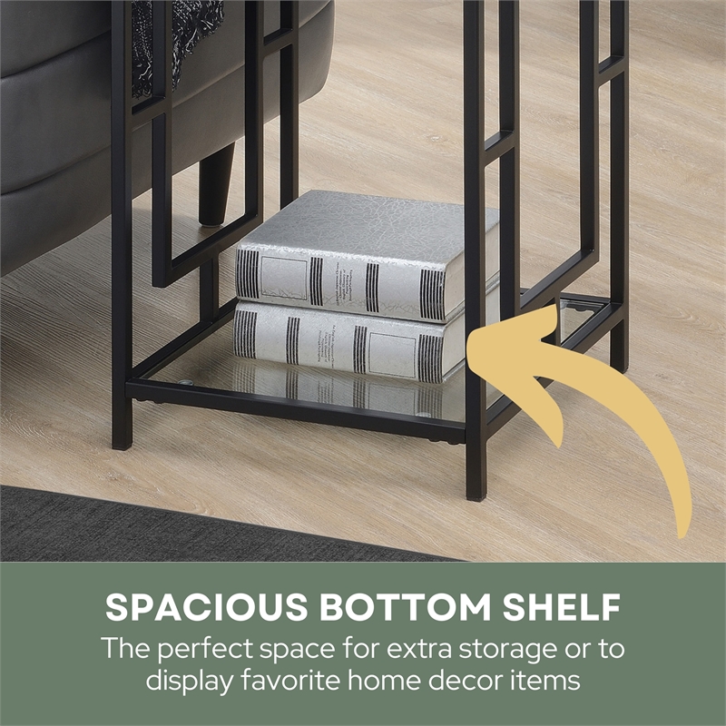 Convenience Concepts Town Square Black Metal End Table with Glass Shelf and Top