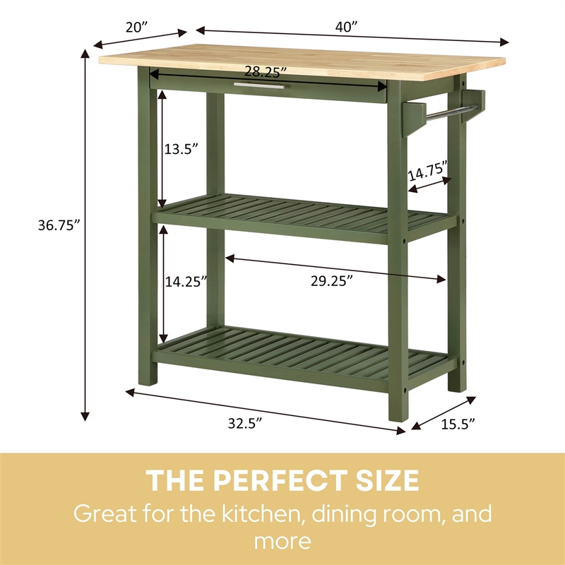 Designs2Go Three-Tier Butcher Block Kitchen Prep Island w/Drawer in Green Wood
