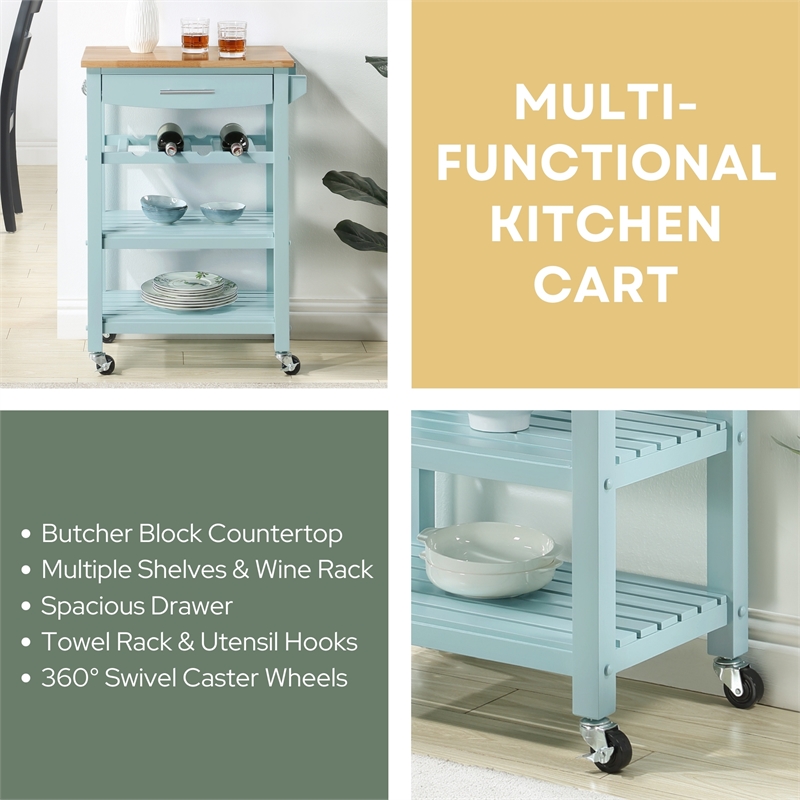 Ellaine Four-Tier Butcher Block Kitchen Cart w/Drawer and Wine Rack in Blue Wood