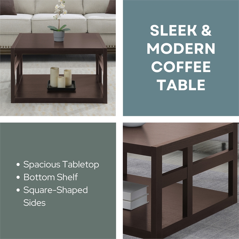 Monterey Square Coffee Table with Shelf in Espresso Wood Finish