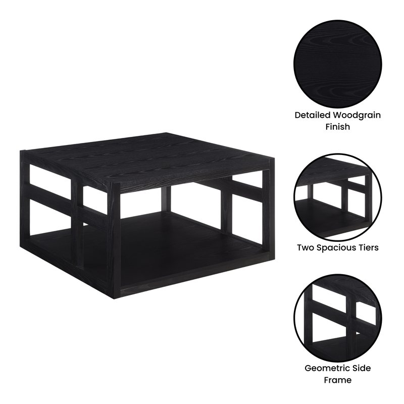 Monterey Square Coffee Table with Shelf in Black Wood Finish