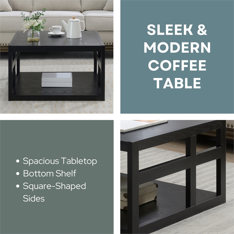 Monterey Square Coffee Table with Shelf in Black Wood Finish
