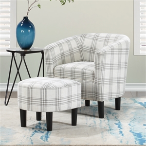 Take a Seat Churchill Accent Chair with Ottoman in Gray and White Plaid Fabric