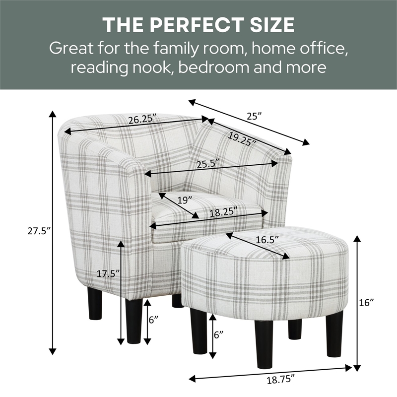 Take a Seat Churchill Accent Chair with Ottoman in Gray and White Plaid Fabric