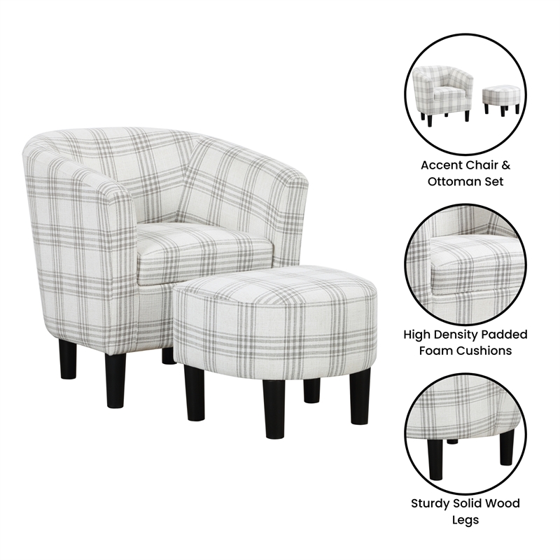 Take a Seat Churchill Accent Chair with Ottoman in Gray and White Plaid Fabric