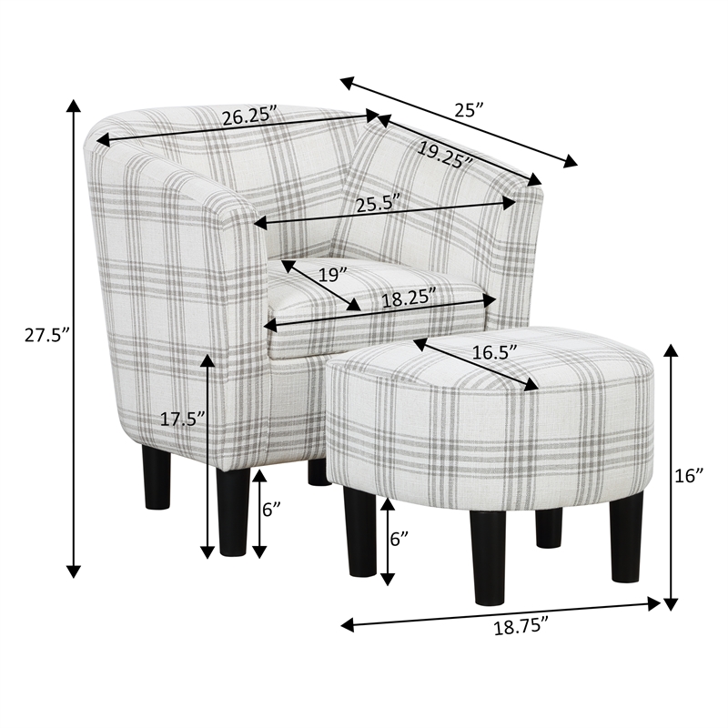 Take a Seat Churchill Accent Chair with Ottoman in Gray and White Plaid Fabric