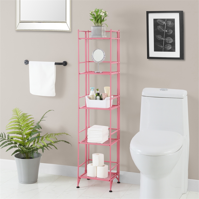 Convenience Concepts Xtra Storage Five-Tier Folding Metal Shelf in Pink Finish