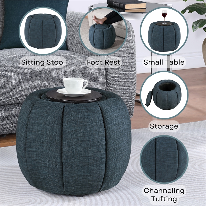 Designs4Comfort Daisy Storage Ottoman with Reversible Tray Lid in Blue Fabric