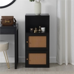 Xtra Storage Boho Weave Two-Door Cabinet with Shelf in Black Wood Finish