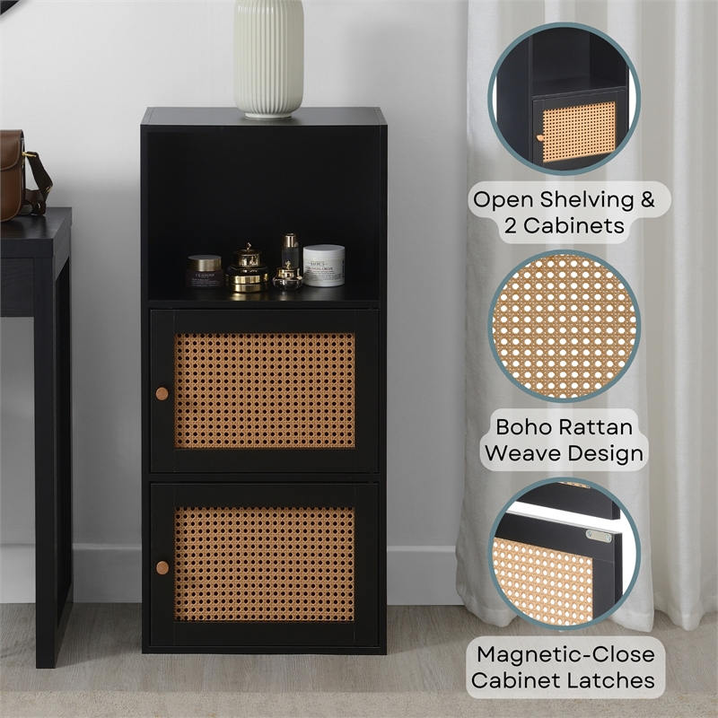 Xtra Storage Boho Weave Two-Door Cabinet with Shelf in Black Wood Finish
