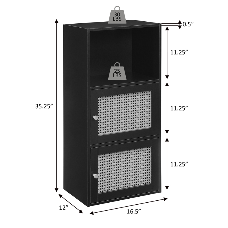 Xtra Storage Boho Weave Two-Door Cabinet with Shelf in Black Wood Finish
