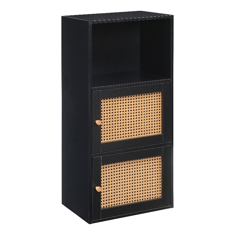 Xtra Storage Boho Weave Two-Door Cabinet with Shelf in Black Wood Finish