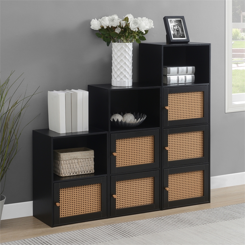 Xtra Storage Boho Weave Three-Door Cabinet with Shelf in Black Wood Finish