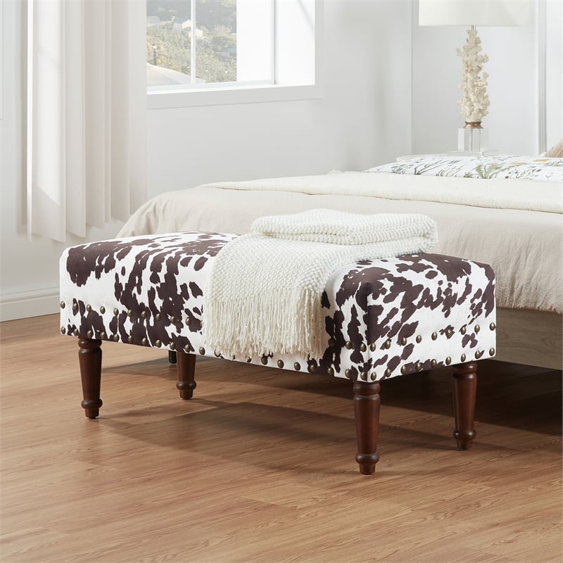 Designs4Comfort Cow Print Bench with Nailheads in Brown and White Fabric