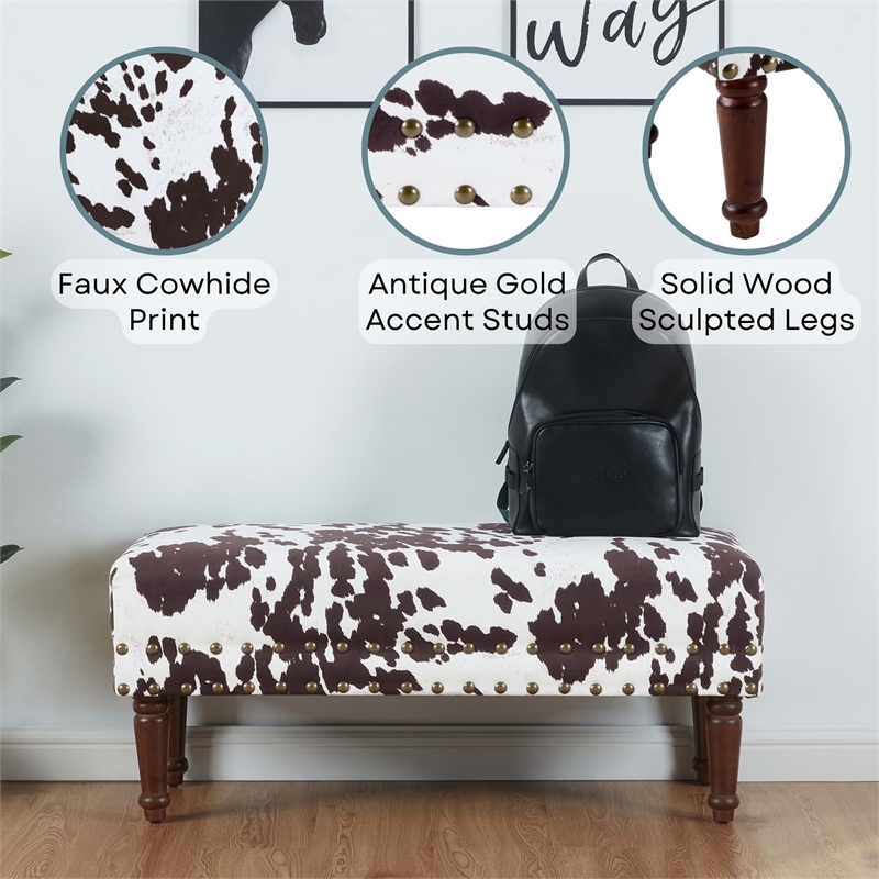 Designs4Comfort Cow Print Bench with Nailheads in Brown and White Fabric