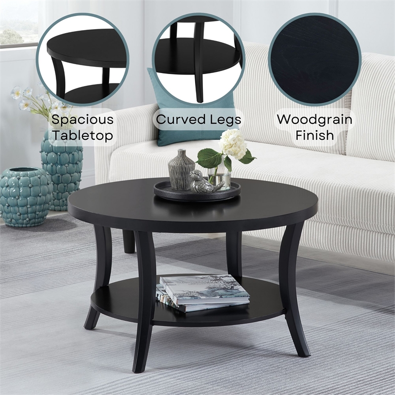 Charleston Round Coffee Table with Shelf in Black Wood Finish