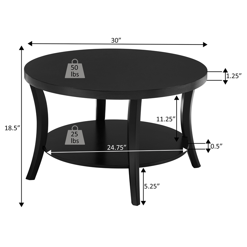 Charleston Round Coffee Table with Shelf in Black Wood Finish