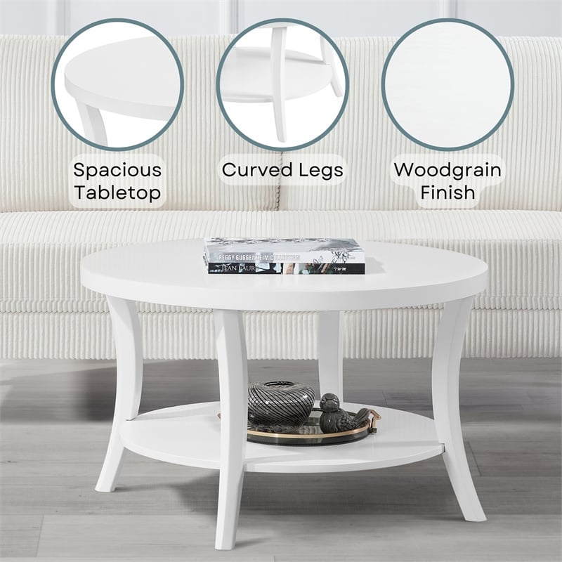 Convenience Concepts Charleston Round Coffee Table with Shelf in White Wood