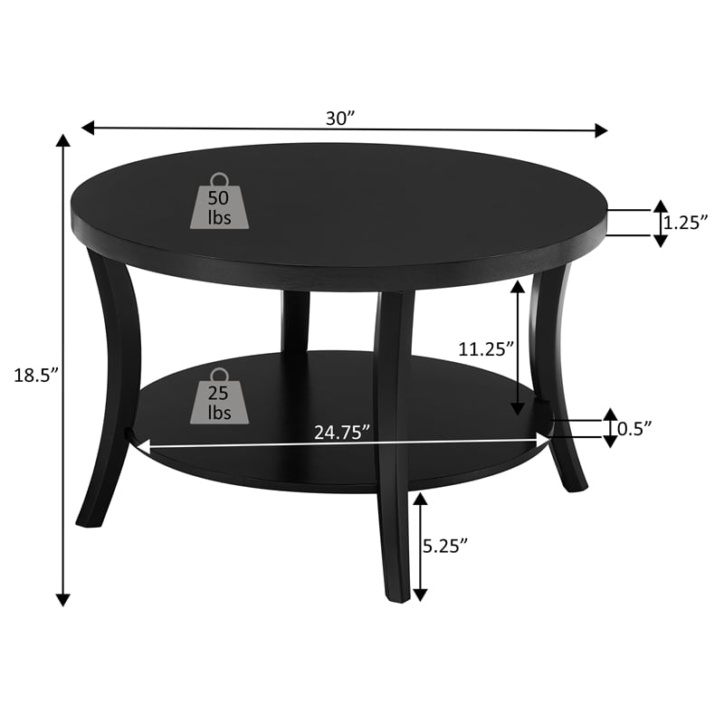 Convenience Concepts Charleston Round Coffee Table with Shelf in White Wood