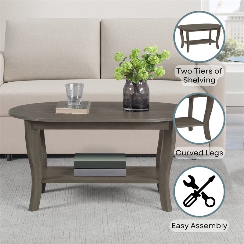 American Heritage Oval Coffee Table with Shelf in Gray Wood Finish