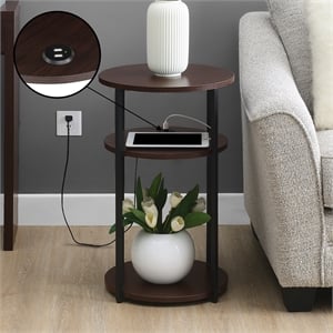 Designs2Go Simon Three-Tier End Table with USB Ports in Espresso Wood Finish
