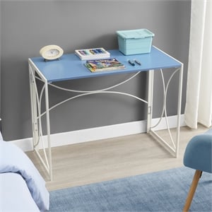 Convenience Concepts Nova Folding Desk in Blue Wood Finish and White Metal Frame