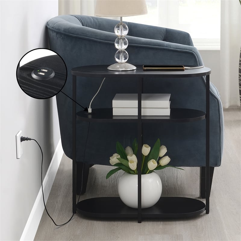 Designs2Go Simon Three-Tier Oval Chairside End Table w/USB Ports in Black Wood