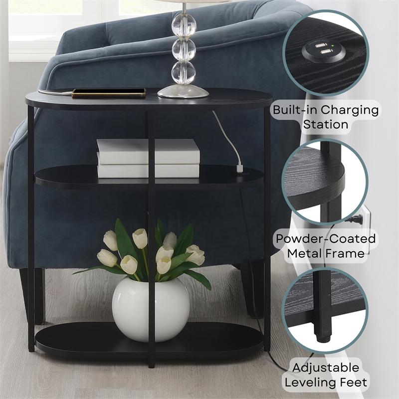 Designs2Go Simon Three-Tier Oval Chairside End Table w/USB Ports in Black Wood