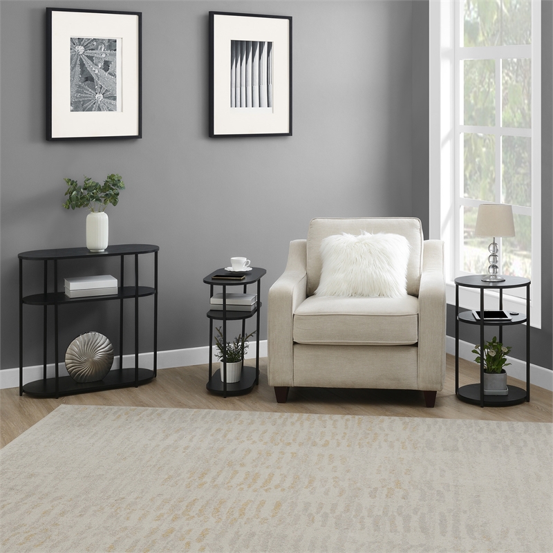 Designs2Go Simon Three-Tier Oval Chairside End Table w/USB Ports in Black Wood