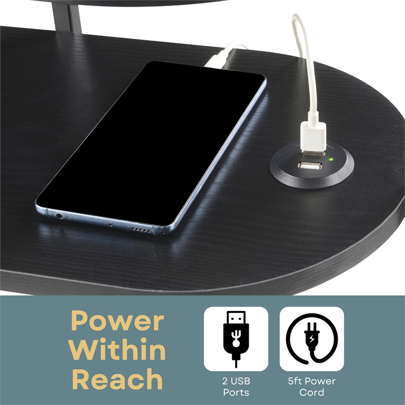 Designs2Go Simon Three-Tier Oval Chairside End Table w/USB Ports in Black Wood