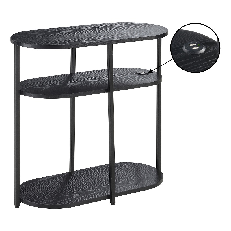 Designs2Go Simon Three-Tier Oval Chairside End Table w/USB Ports in Black Wood