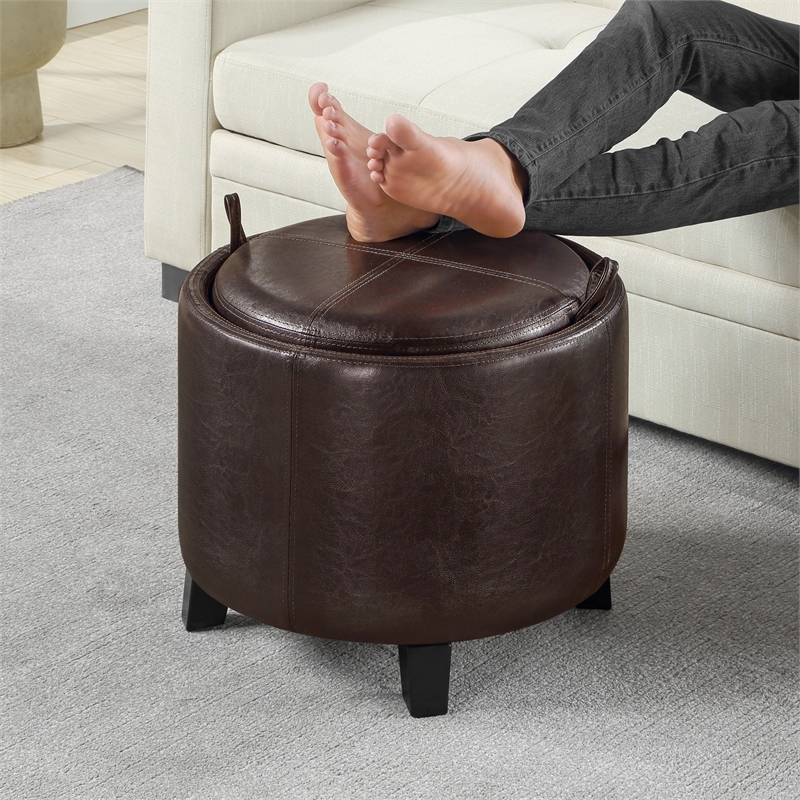 Designs4Comfort Oscar Storage Ottoman w/Reversible Tray in Espresso Faux Leather